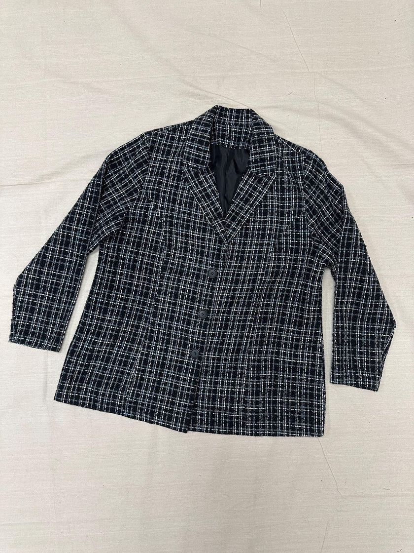 Vintage 90s Black Blue Gray Plaid Blazer | Size XL