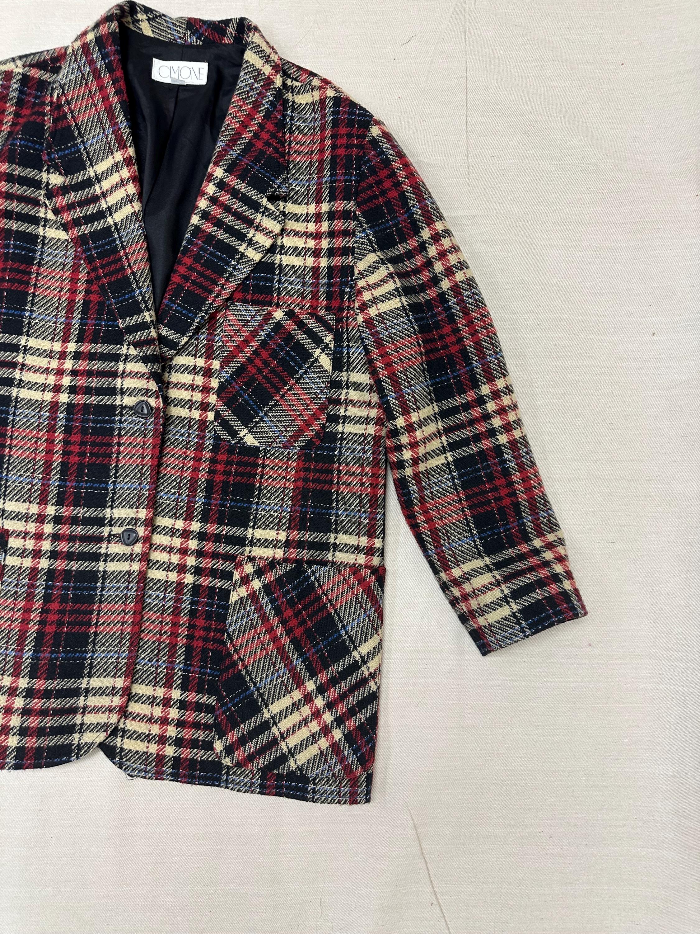 Vintage 90s Red Cream Plaid Blazer | Size Ladies Large