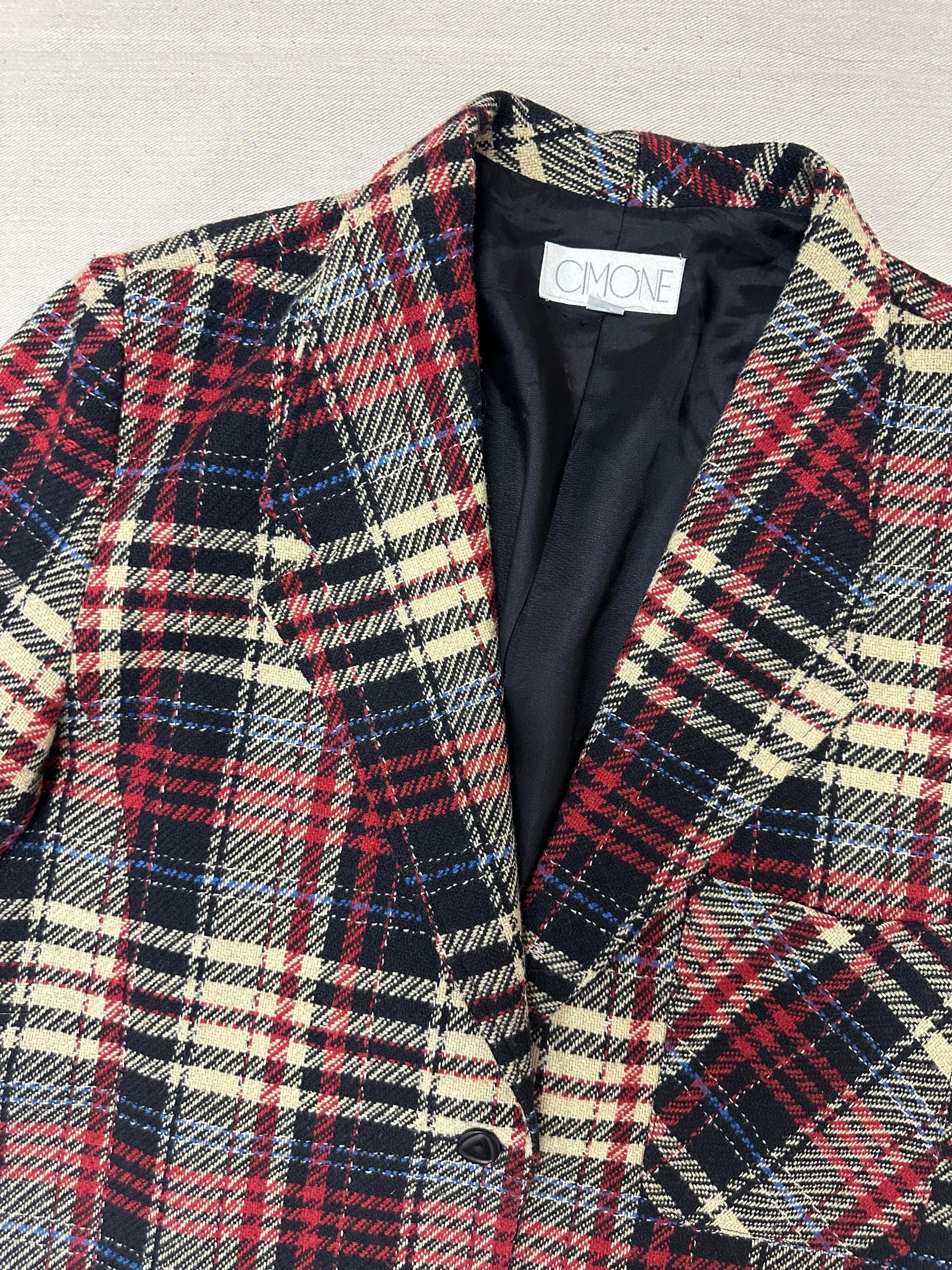 Vintage 90s Red Cream Plaid Blazer | Size Ladies Large
