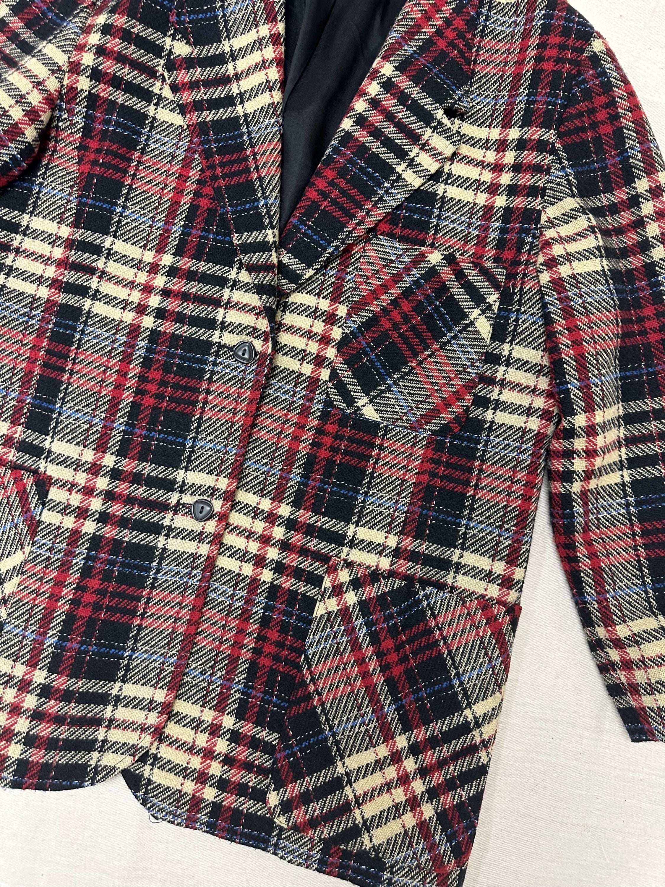 Vintage 90s Red Cream Plaid Blazer | Size Ladies Large