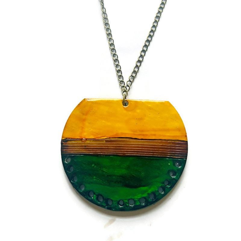 Large Pendant Necklace | Earthy Tones in Forest Green, Mustard Yellow & Brown