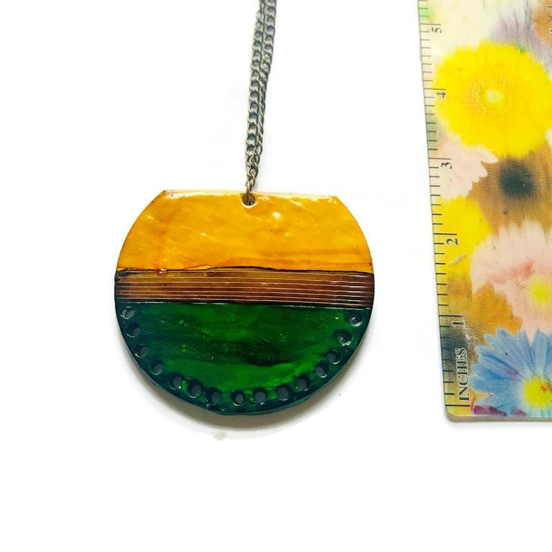 Large Pendant Necklace | Earthy Tones in Forest Green, Mustard Yellow & Brown