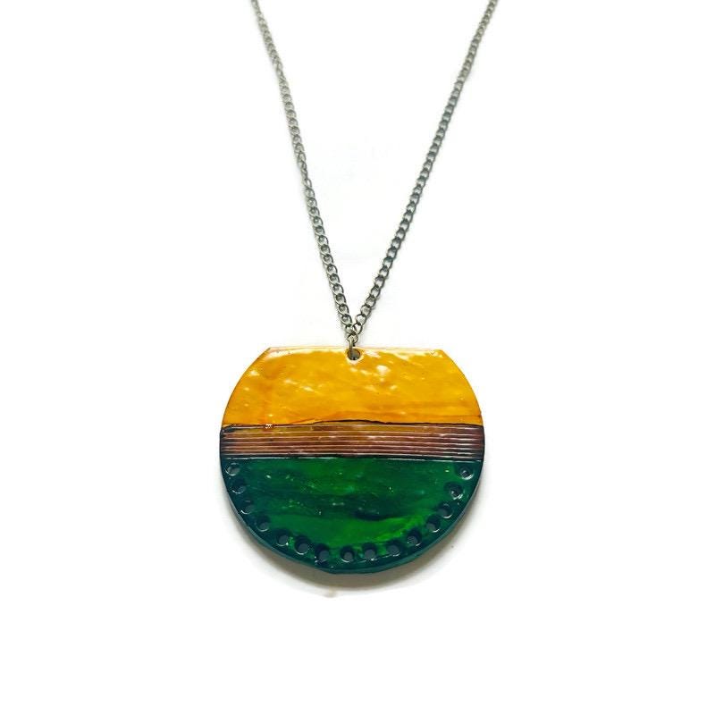 Large Pendant Necklace | Earthy Tones in Forest Green, Mustard Yellow & Brown