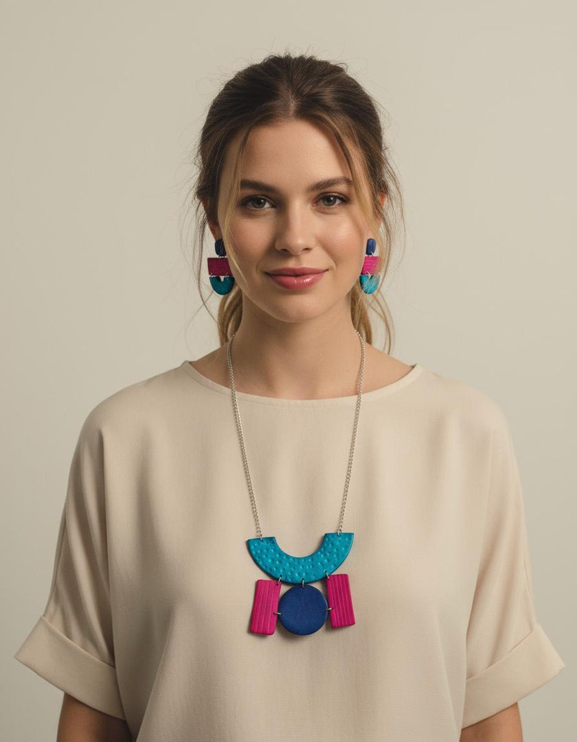 Chunky Statement Necklace in Turquoise, Denim Blue & Pink