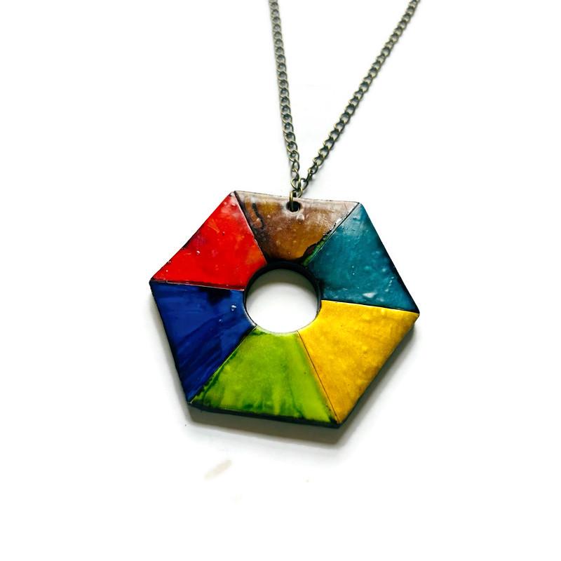 Colorful Chunky Hexagon Pendant Necklace Handmade
