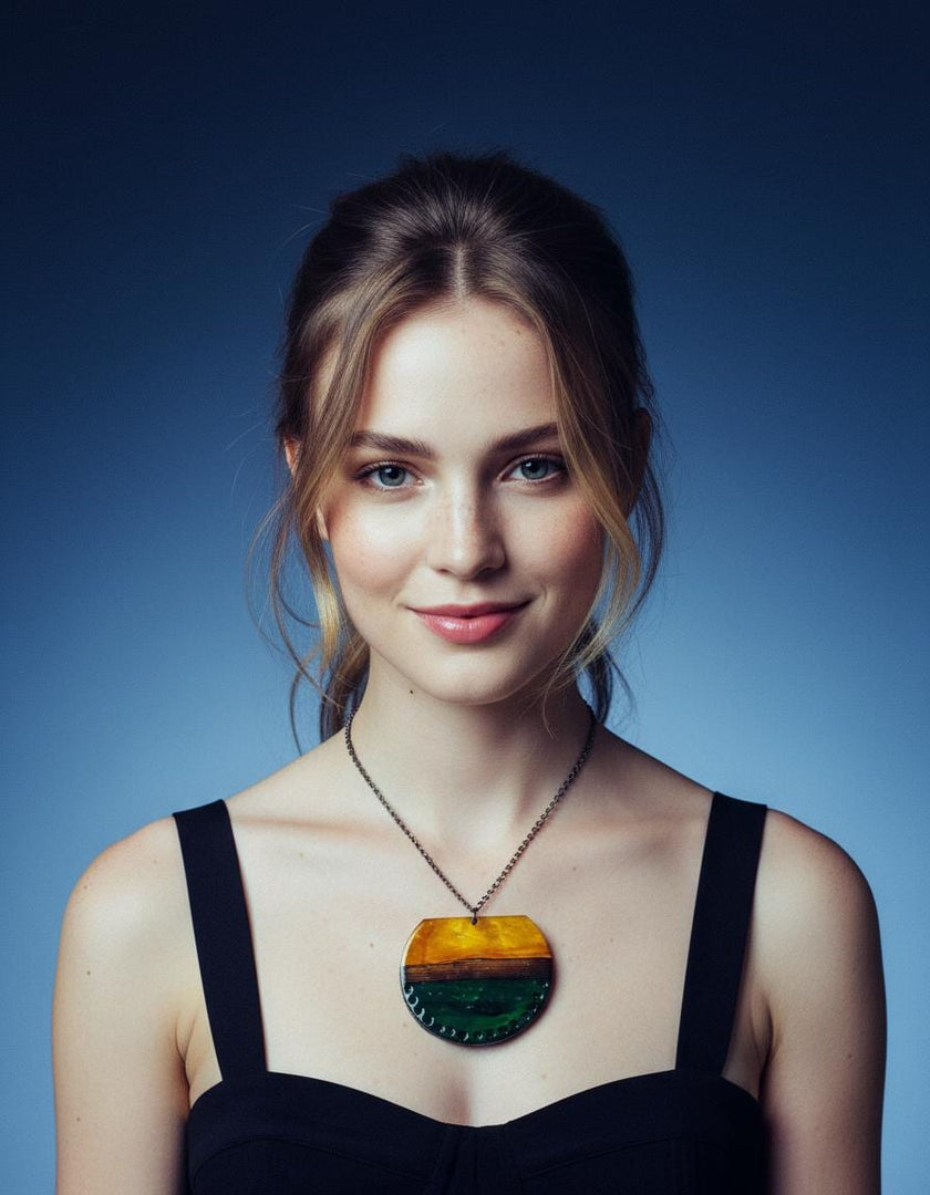 Large Pendant Necklace | Earthy Tones in Forest Green, Mustard Yellow & Brown