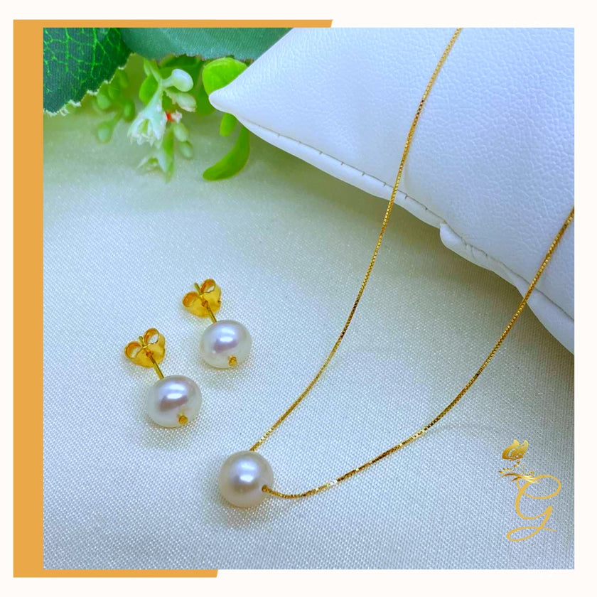18K Real Gold White Pearl Earrings & Necklace Set (18”)