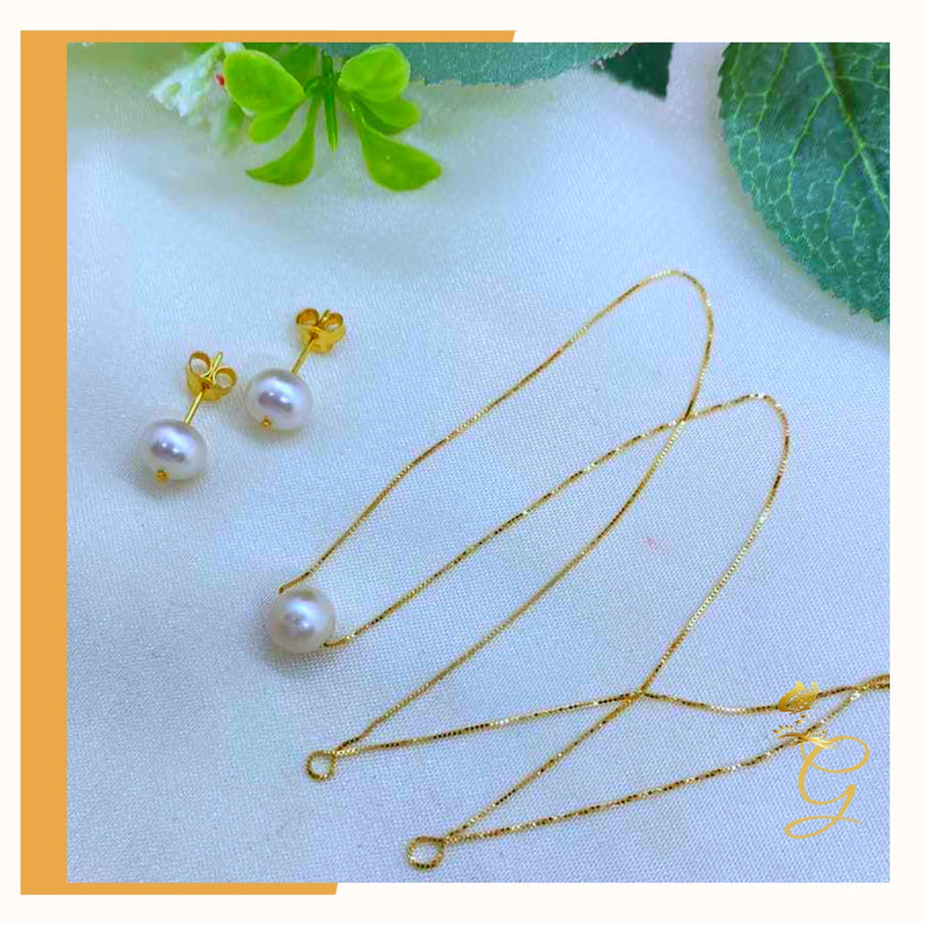 18K Real Gold White Pearl Earrings & Necklace Set (18”)
