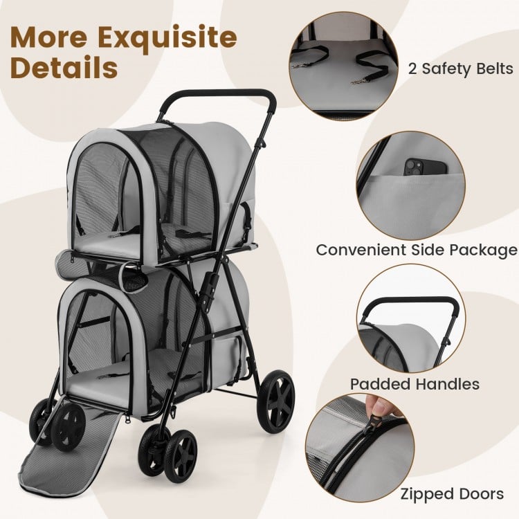 4-in-1 Double Pet Stroller with Detachable Carrier and Travel Carriage-Gray