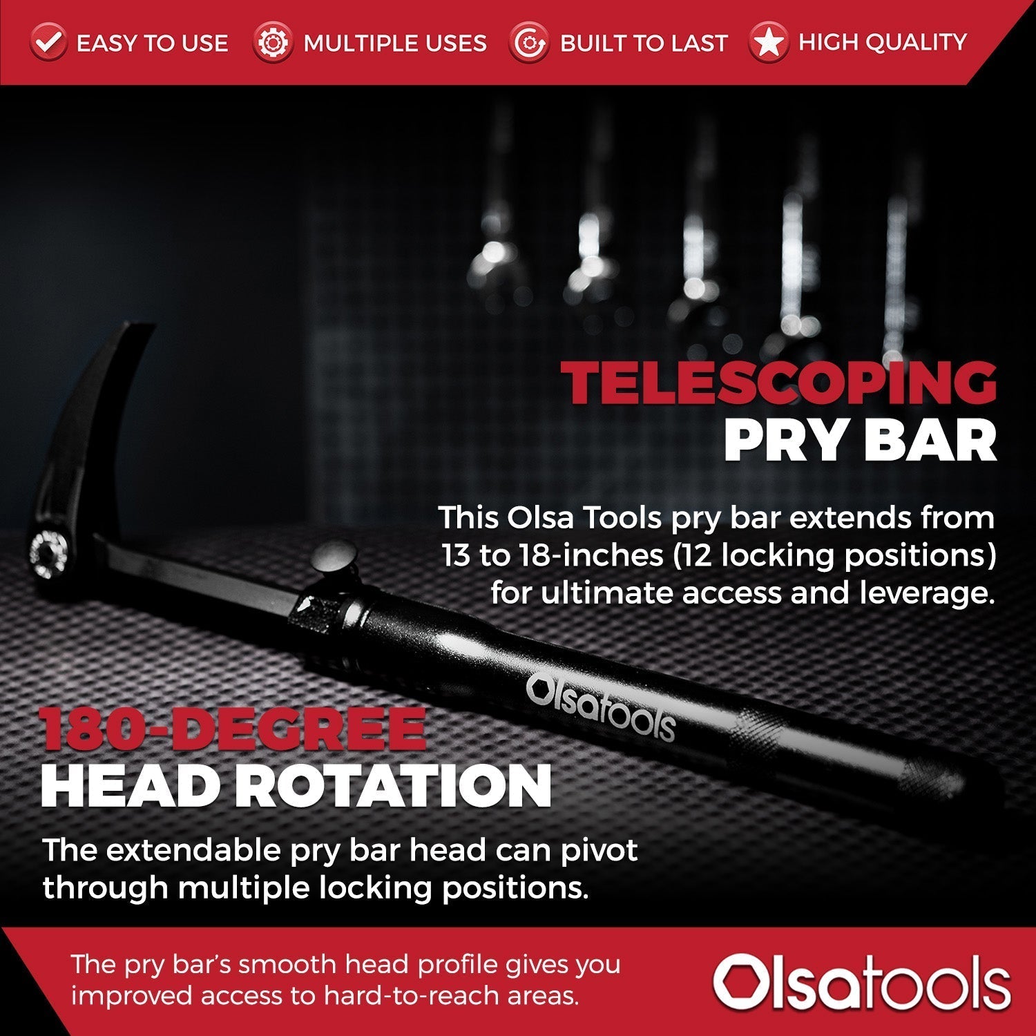 Extendable Indexing Pry Bar | Adjustable Length From 13.3-18.5 Inches