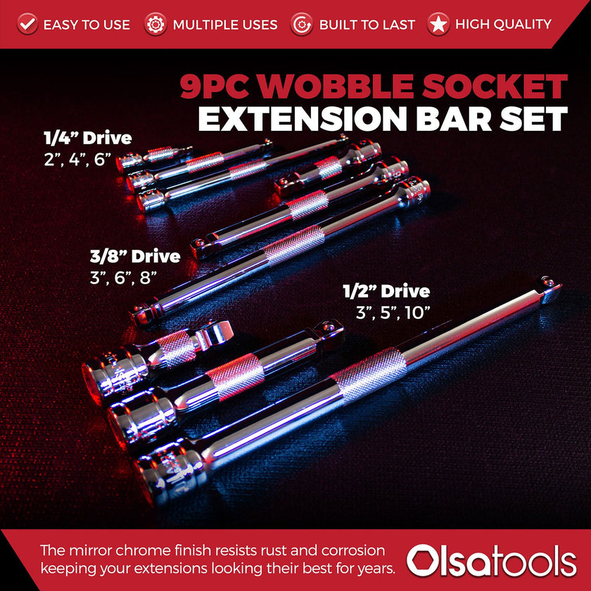 Wobble Socket Extension Set (9pc) | 1/2, 3/8, 1/4