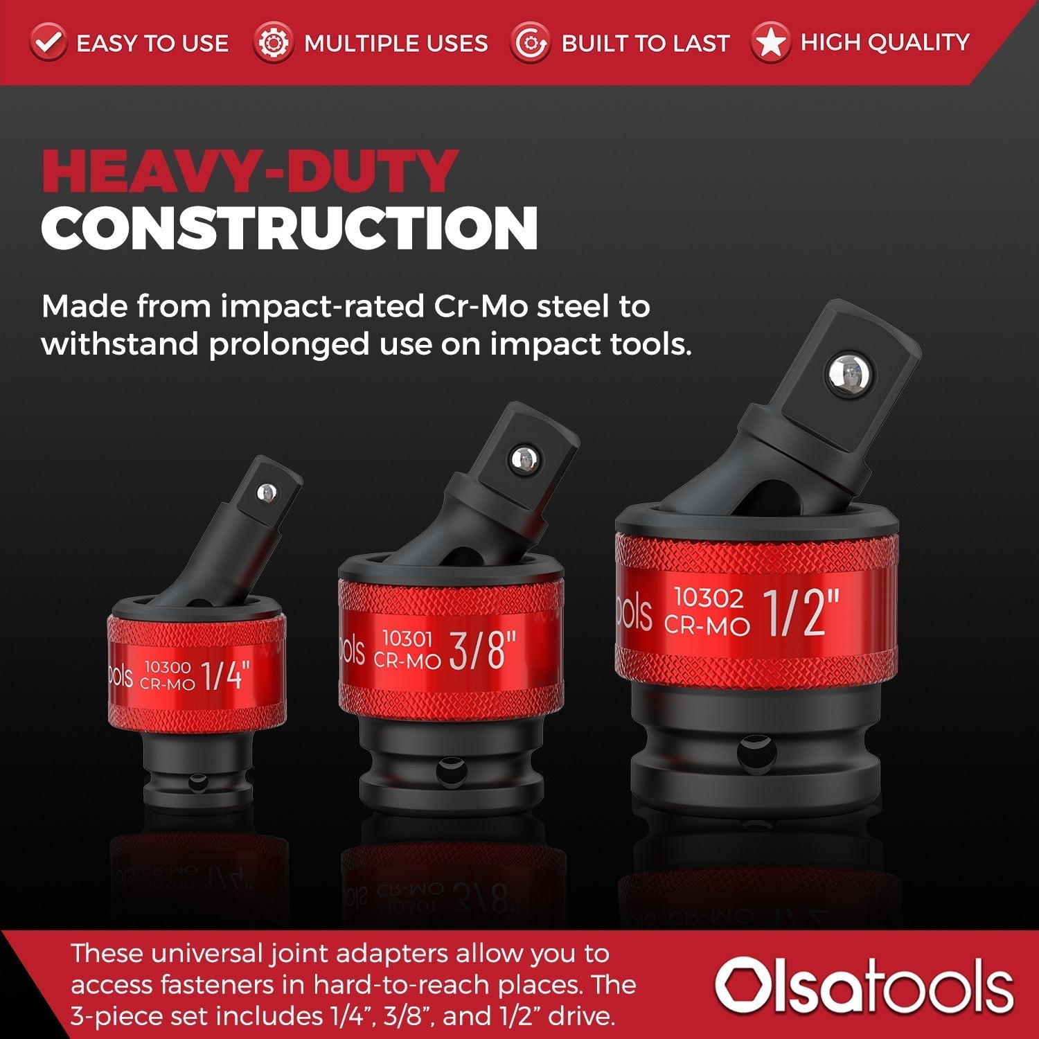 3pc Universal Joint Set, Socket Adapter 1/2