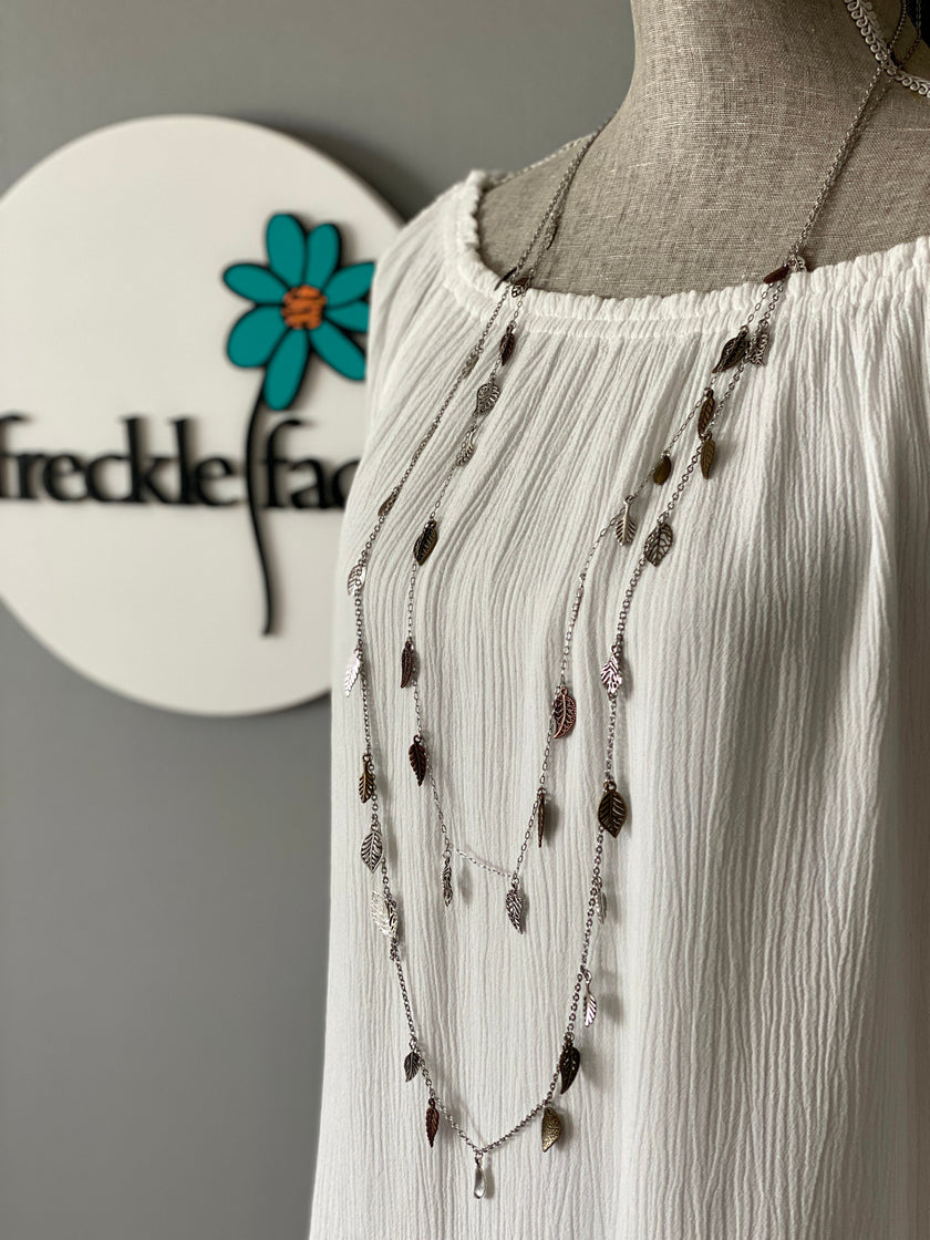 Waterfall Leaf Necklace – Long Layering Chain with Cascading Silver & Mixed Metal Leaves