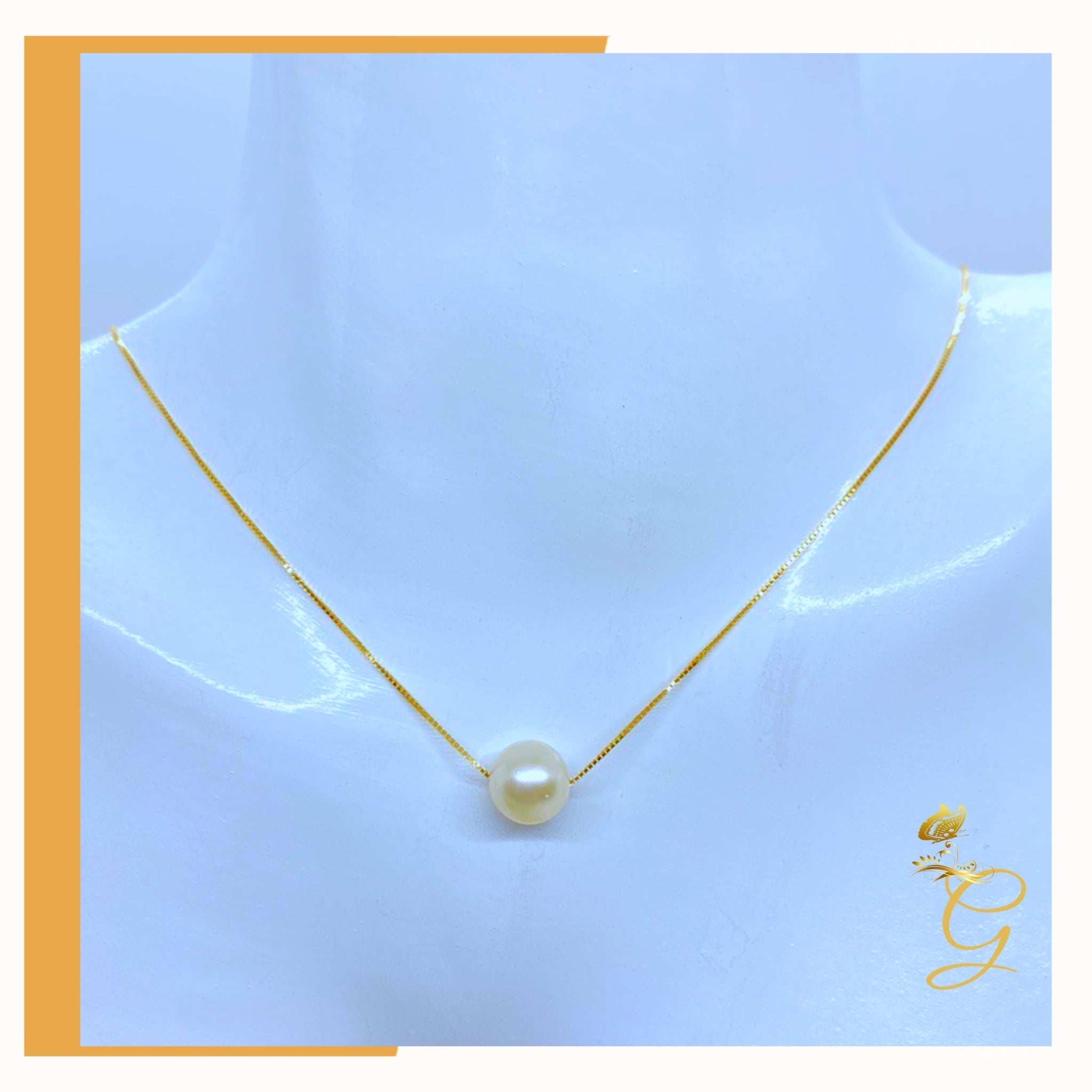 18K Real Gold White Pearl Earrings & Necklace Set (18”)