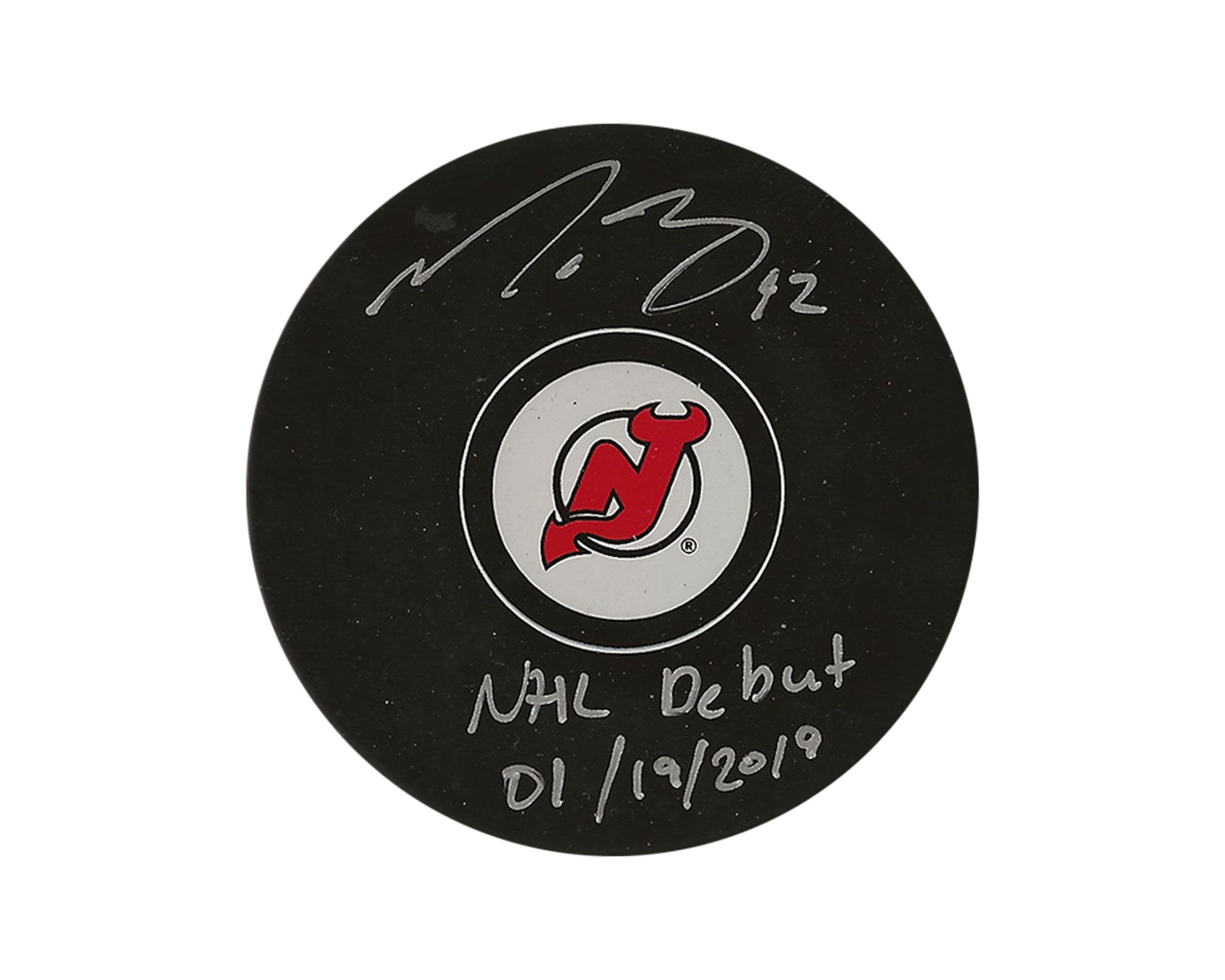Nathan Bastian Autographed New Jersey Devils Autograph Model Puck Inscribed 