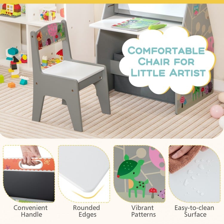 3 in 1 Kids Easel and Play Station Convertible with Chair and Storage Bins-Gray