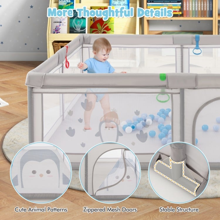 Large Baby Playpen with Pull Rings Ocean Balls and Cute Pattern-Penguin