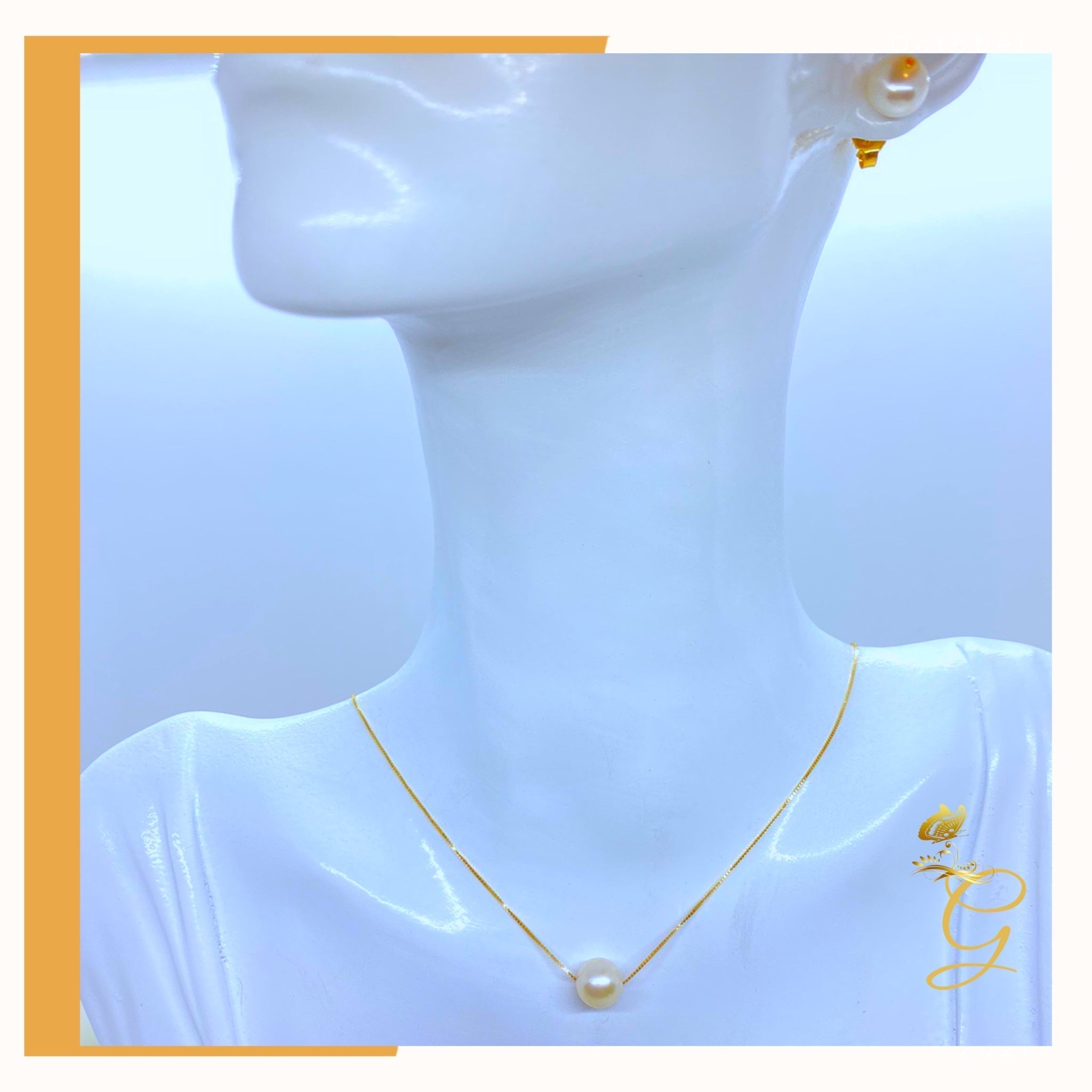 18K Real Gold White Pearl Earrings & Necklace Set (18”)