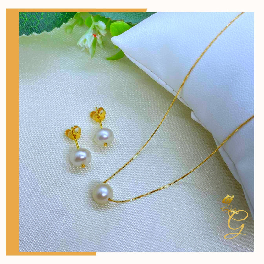 18K Real Gold White Pearl Earrings & Necklace Set (18”)