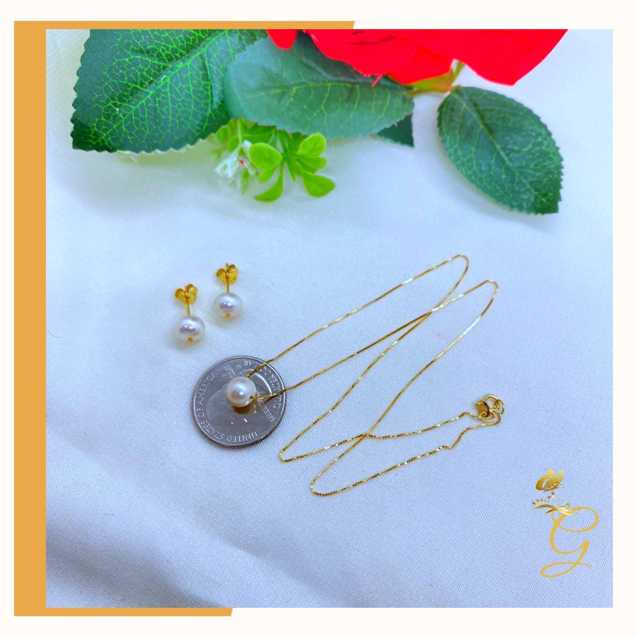 18K Real Gold White Pearl Earrings & Necklace Set (18”)