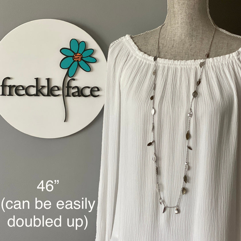 Waterfall Leaf Necklace – Long Layering Chain with Cascading Silver & Mixed Metal Leaves