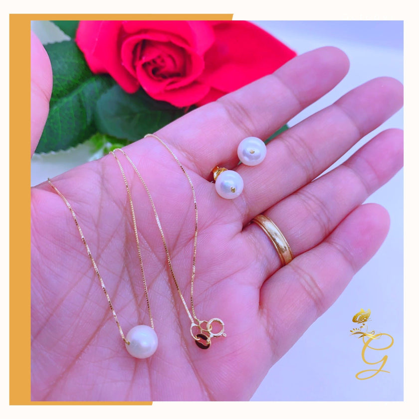 18K Real Gold White Pearl Earrings & Necklace Set (18”)