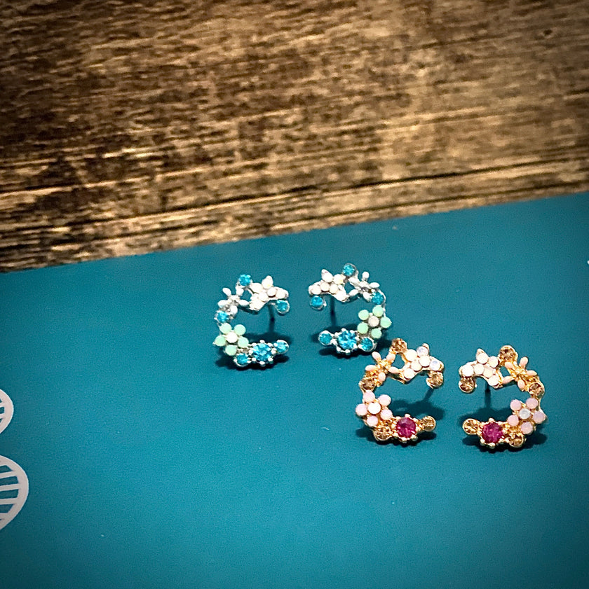 Crescent Bloom Stud Earrings – Floral Halo Design - Sparkle