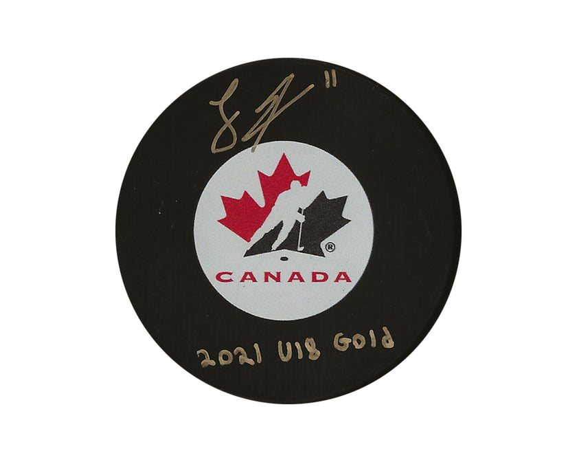 Logan Stankoven Autographed Team Canada Autograph Model Puck Inscribed 