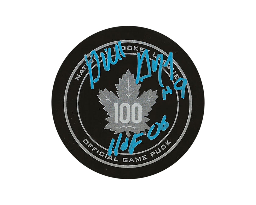 Dick Duff Autographed Toronto Maple Leafs 100th Anniversary Official Game Puck Inscribed 
