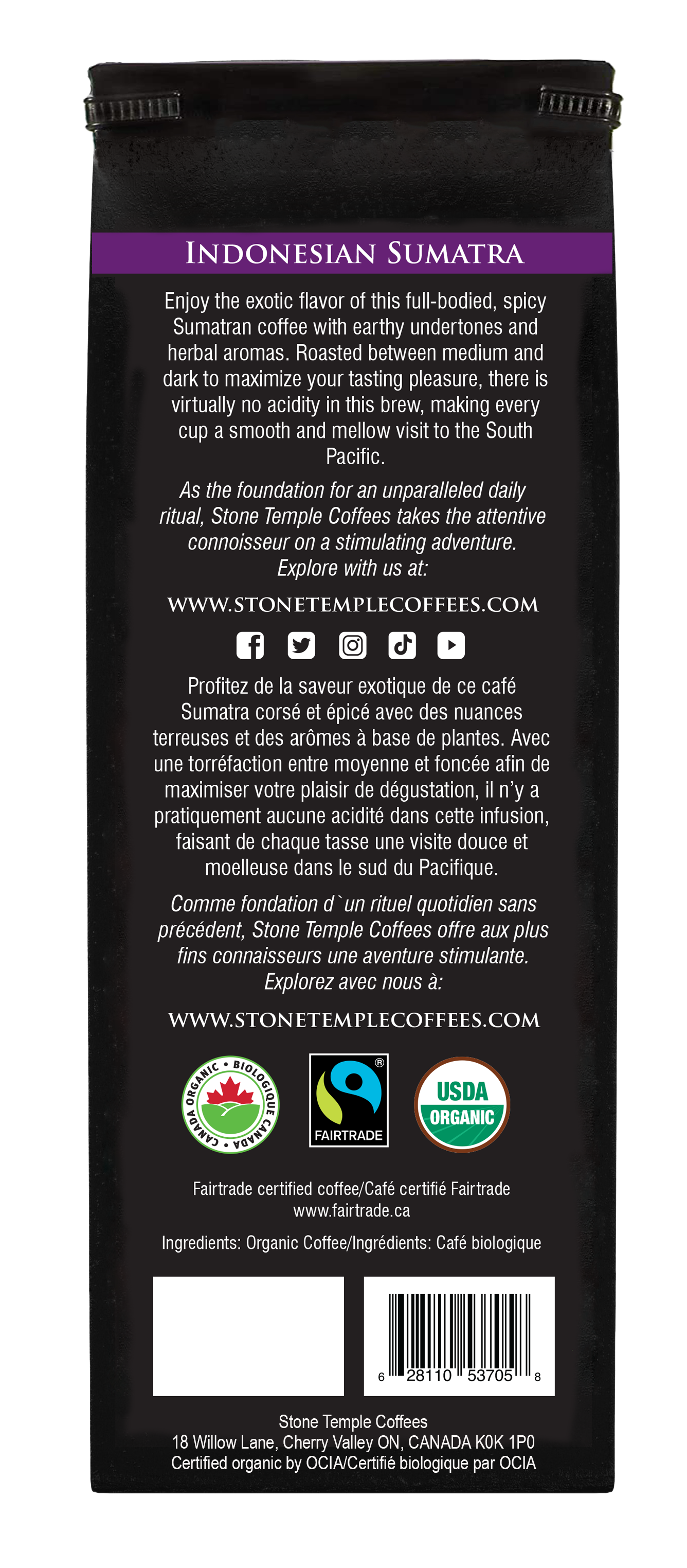 Indonesian Sumatra - Whole Bean, Medium Roast, Certified Organic OCIA/ Fairtrade Coffee, 1lb/454g
