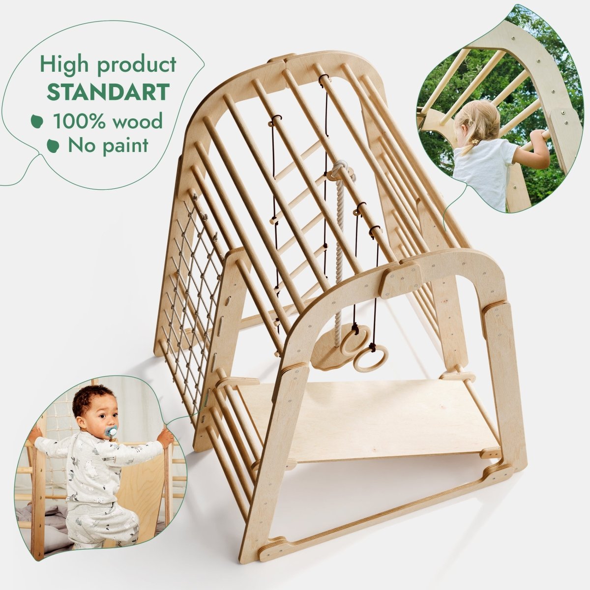 Aire de jeux intérieure en bois pour enfants - 6 en 1 : aire de jeux + ensemble d'oscillations + toboggan