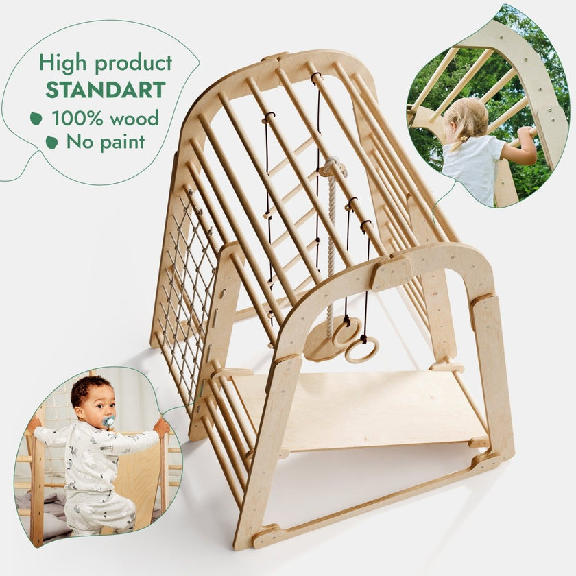 Aire de jeux intérieure en bois pour enfants - 6 en 1 : aire de jeux + ensemble d'oscillations + toboggan