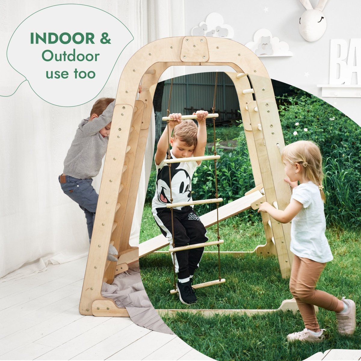 Aire de jeux intérieure en bois pour enfants - 6 en 1 : aire de jeux + ensemble d'oscillations + toboggan