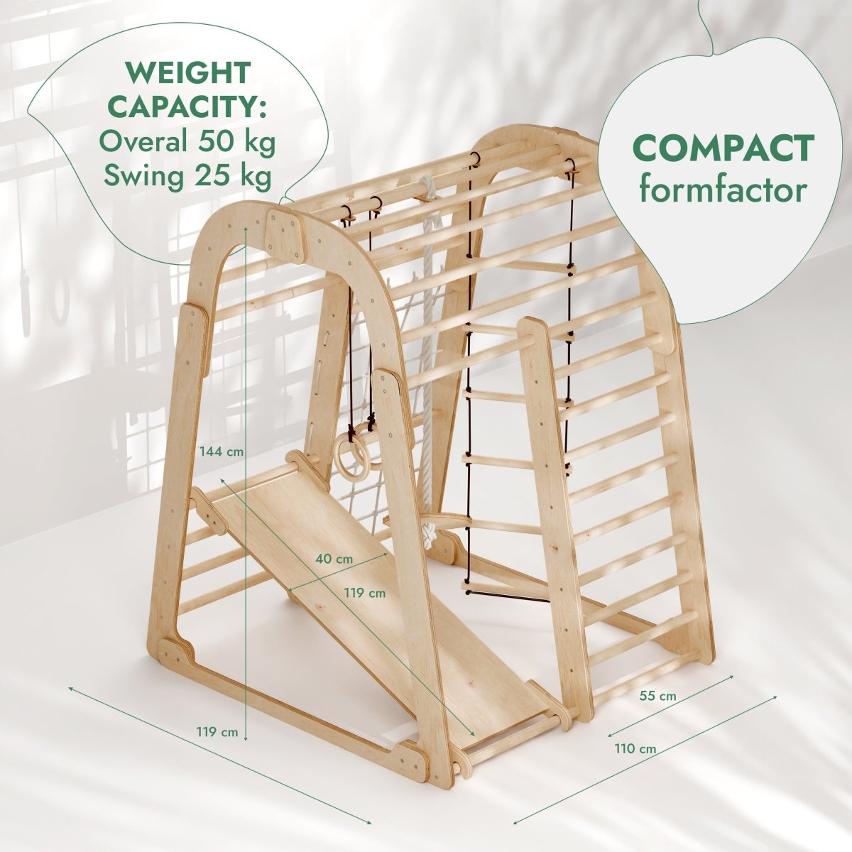 Aire de jeux intérieure en bois pour enfants - 6 en 1 : aire de jeux + ensemble d'oscillations + toboggan