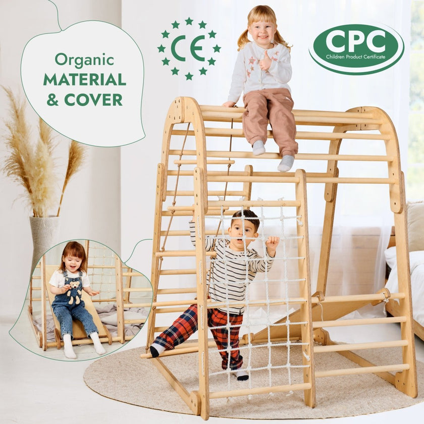 Aire de jeux intérieure en bois pour enfants - 6 en 1 : aire de jeux + ensemble d'oscillations + toboggan