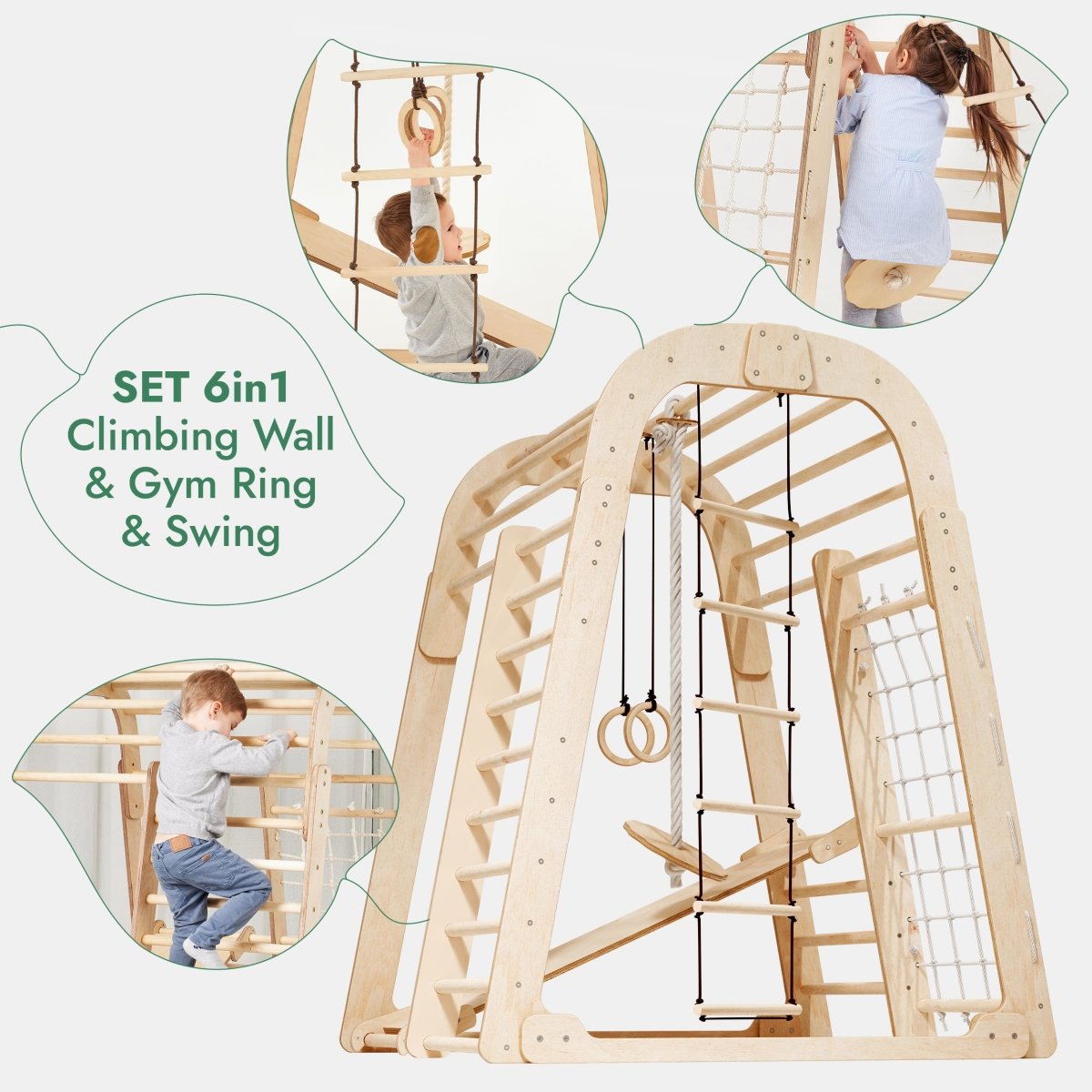 Aire de jeux intérieure en bois pour enfants - 6 en 1 : aire de jeux + ensemble d'oscillations + toboggan