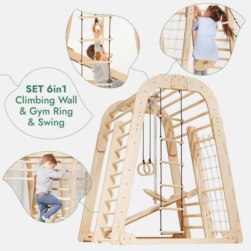 Aire de jeux intérieure en bois pour enfants - 6 en 1 : aire de jeux + ensemble d'oscillations + toboggan