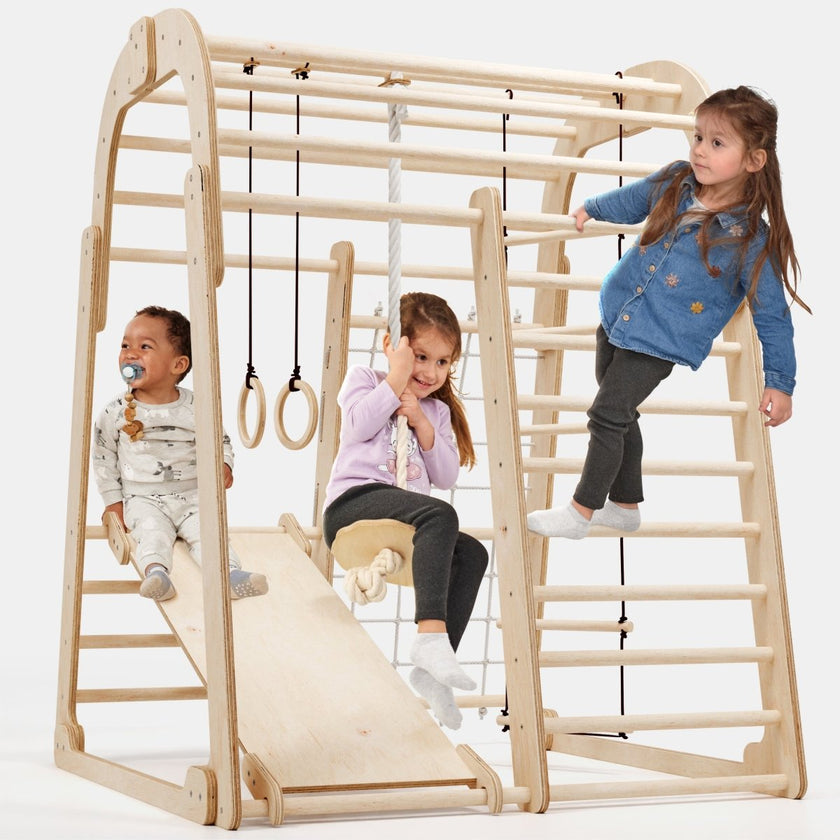 Aire de jeux intérieure en bois pour enfants - 6 en 1 : aire de jeux + ensemble d'oscillations + toboggan