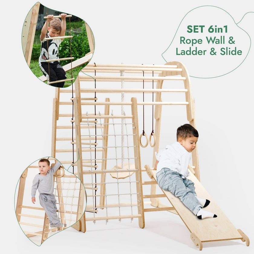 Aire de jeux intérieure en bois pour enfants - 6 en 1 : aire de jeux + ensemble d'oscillations + toboggan