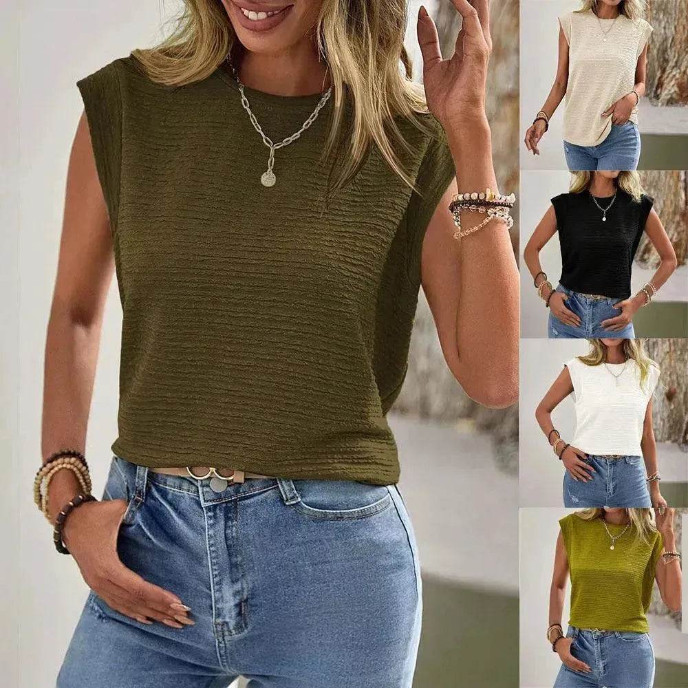 Ins Pleated Round Neck Sleeveless Vest Top For Women Summer Fashion New Casual Solid Color  Womens Clothing