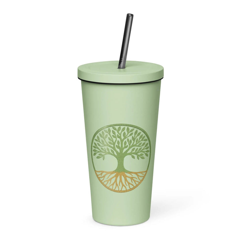 Insulated tumbler with a straw - Tree Of Life