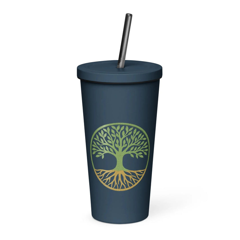 Insulated tumbler with a straw - Tree Of Life