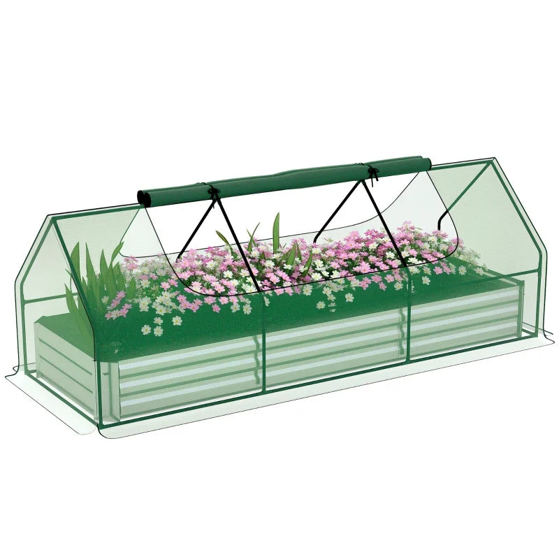 8.6 x 3 x 1ft Raised Garden Bed with Mini Greenhouse, Galvanized Raised Garden Bed with Cover for Herbs and Vegetables, Small Greenhouse for Patio Garden Balcony, Green