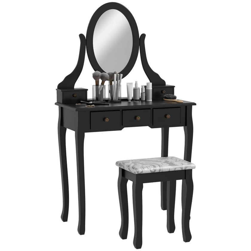 Emma Vanity Desk with Padded Stool and 360° Rotating Oval Mirror-Black