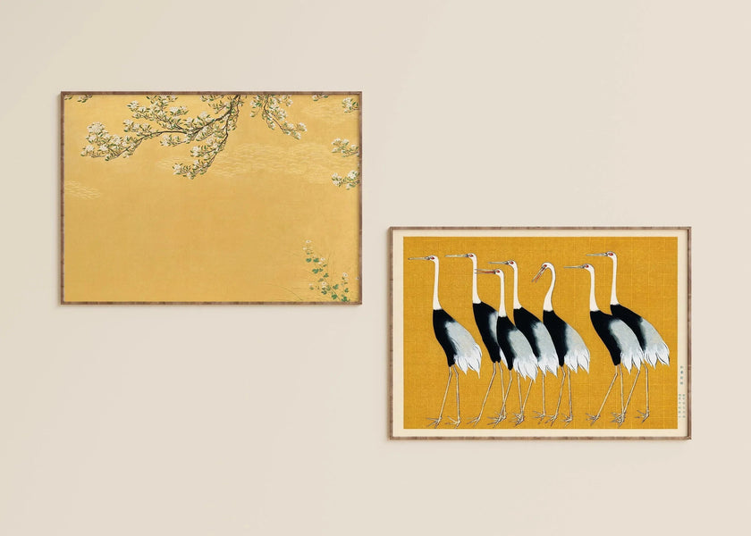 Japanese Crane Art Prints: Ukiyo-e Style, Yellow Shin Hanga Duo