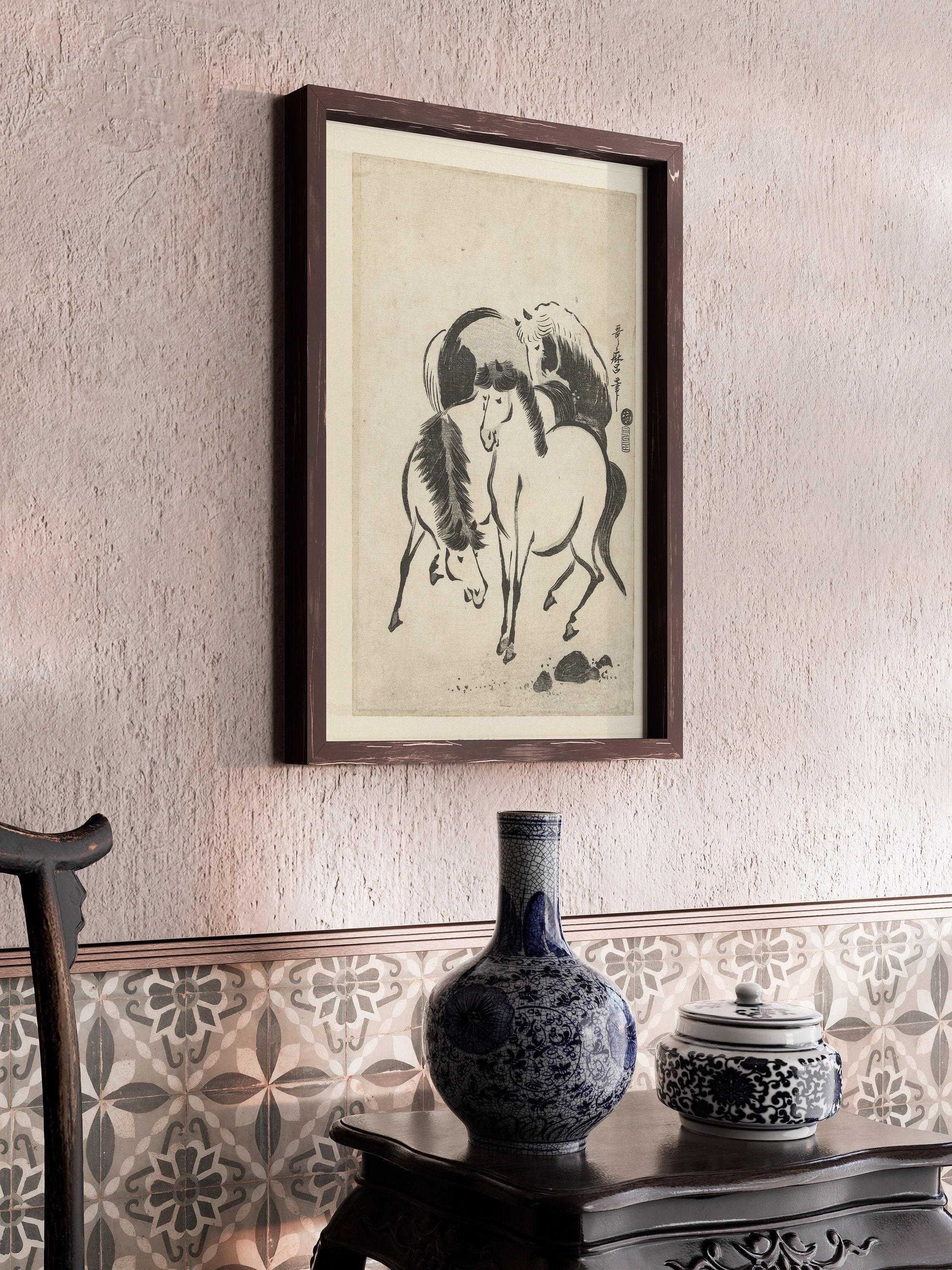 Japanese Horse Print: Utagawa Kitamaro Vintage Sketch Art