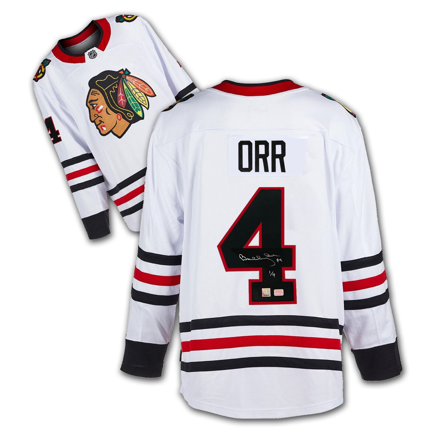 BOBBY ORR AUTOGRAPHED CHICAGO BLACKHAWKS WHITE JERSEY – LIMITED EDITION 1/4 – GNR COA (SIZE L OR XL)
