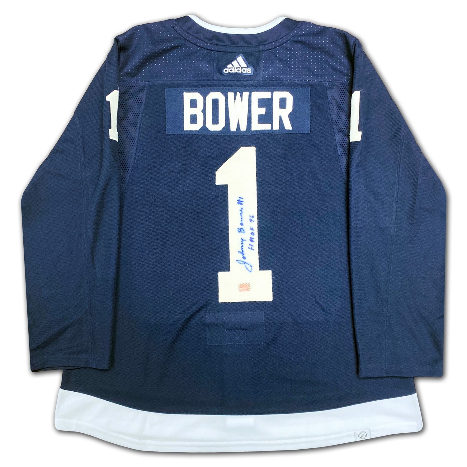 JOHNNY BOWER AUTOGRAPHED TORONTO ARENAS NAVY BLUE JERSEY – SIGNED NHL HOCKEY MEMORABILIA COLLECTIBLE (SIZE L OR XL)