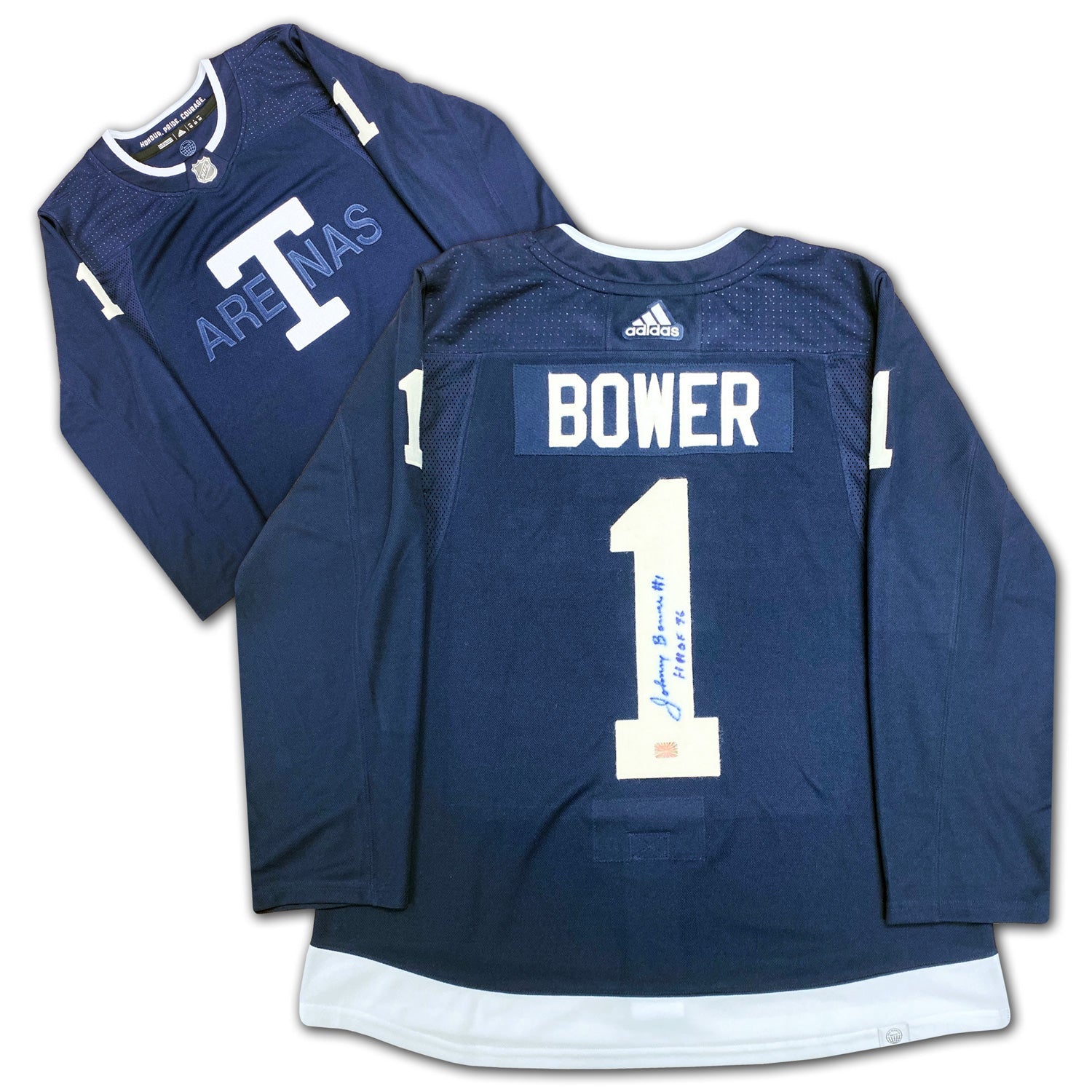 JOHNNY BOWER AUTOGRAPHED TORONTO ARENAS NAVY BLUE JERSEY – SIGNED NHL HOCKEY MEMORABILIA COLLECTIBLE (SIZE L OR XL)
