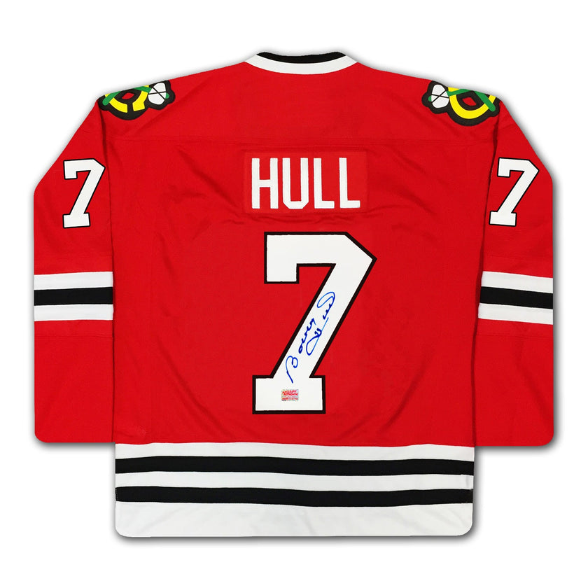 BOBBY HULL AUTOGRAPHED CHICAGO BLACKHAWKS RED JERSEY #7 – SIGNED NHL HOCKEY MEMORABILIA COLLECTIBLE (SIZE L OR XL)